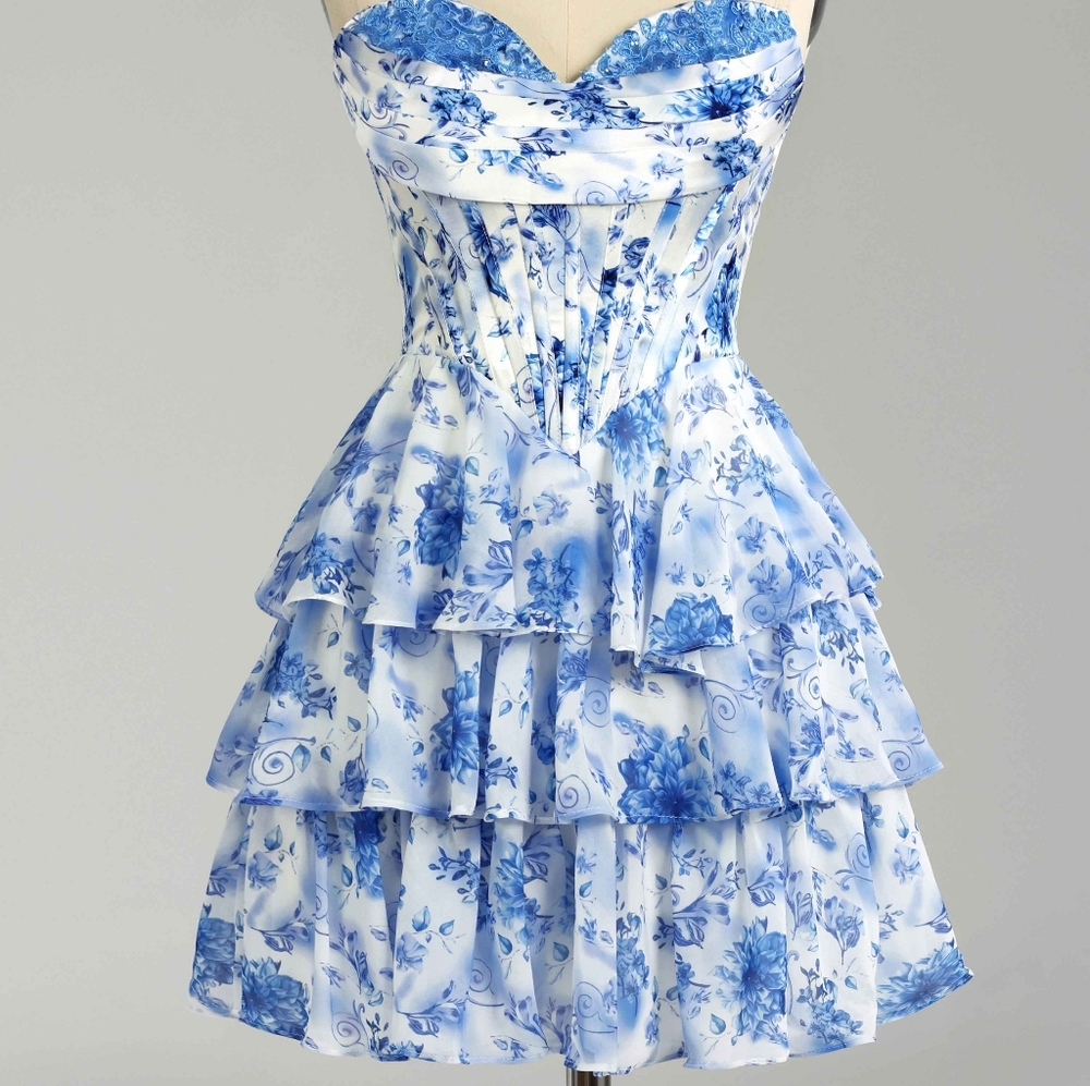 Romantic Blue Floral Strapless Ruffle Dress